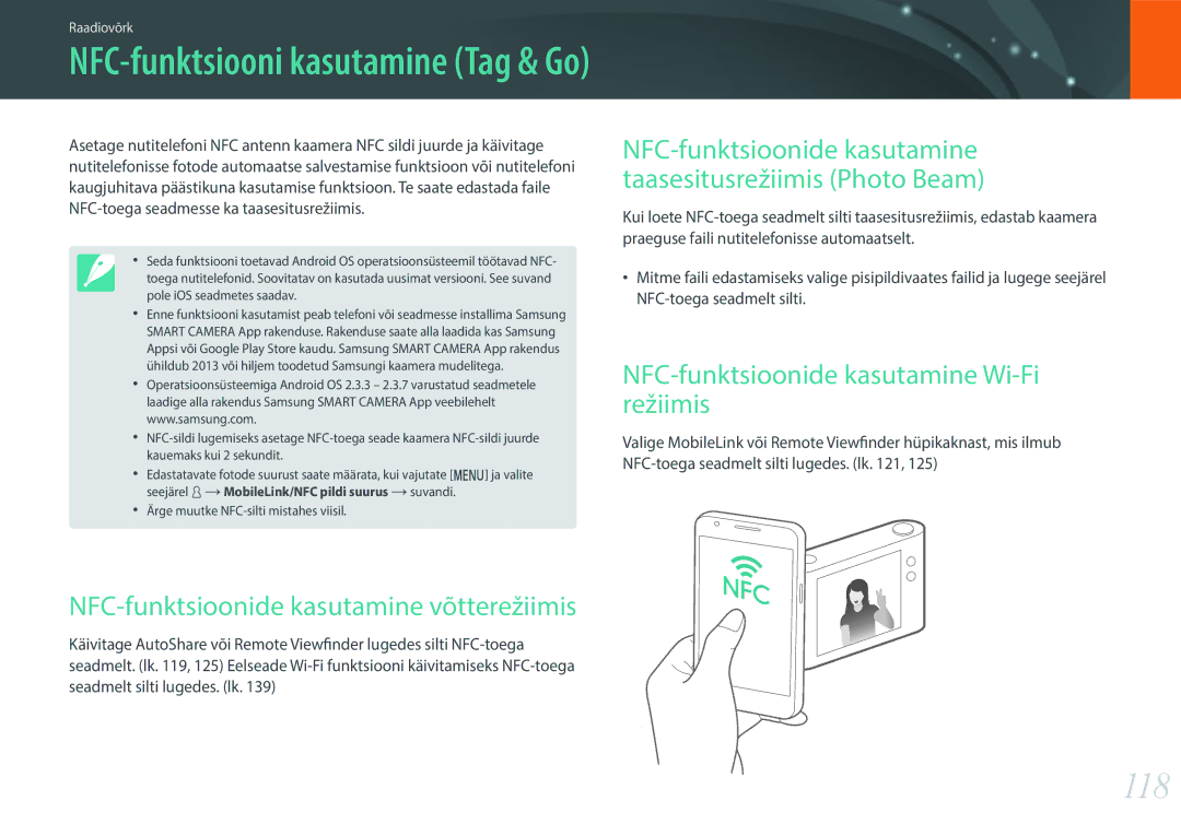 Samsung EV-NX3000BOILV manual 118, NFC-funktsioonide kasutamine võtterežiimis, NFC-funktsioonide kasutamine Wi-Fi režiimis 