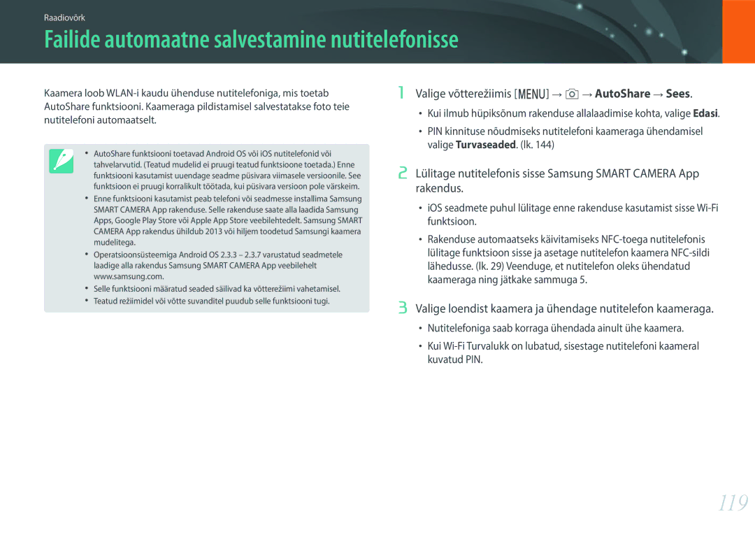 Samsung EV-NX3000BOIDE manual Failide automaatne salvestamine nutitelefonisse, 119, Valige võtterežiimis m b AutoShare Sees 