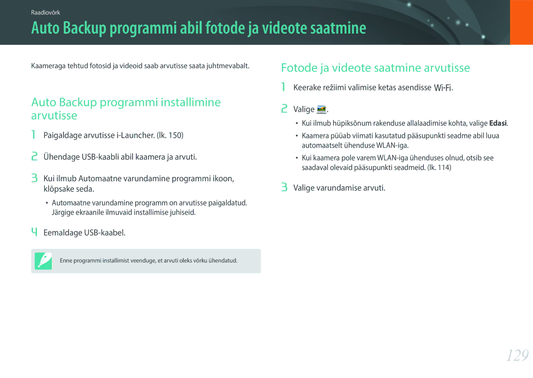 Samsung EV-NX3000BOHLV, EV-NX3000BOIDE, EV-NX3000BOILV manual Auto Backup programmi abil fotode ja videote saatmine, 129 