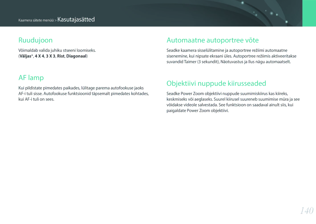 Samsung EV-NX3000BOIDE manual 140, Ruudujoon, AF lamp, Automaatne autoportree võte, Objektiivi nuppude kiirusseaded 