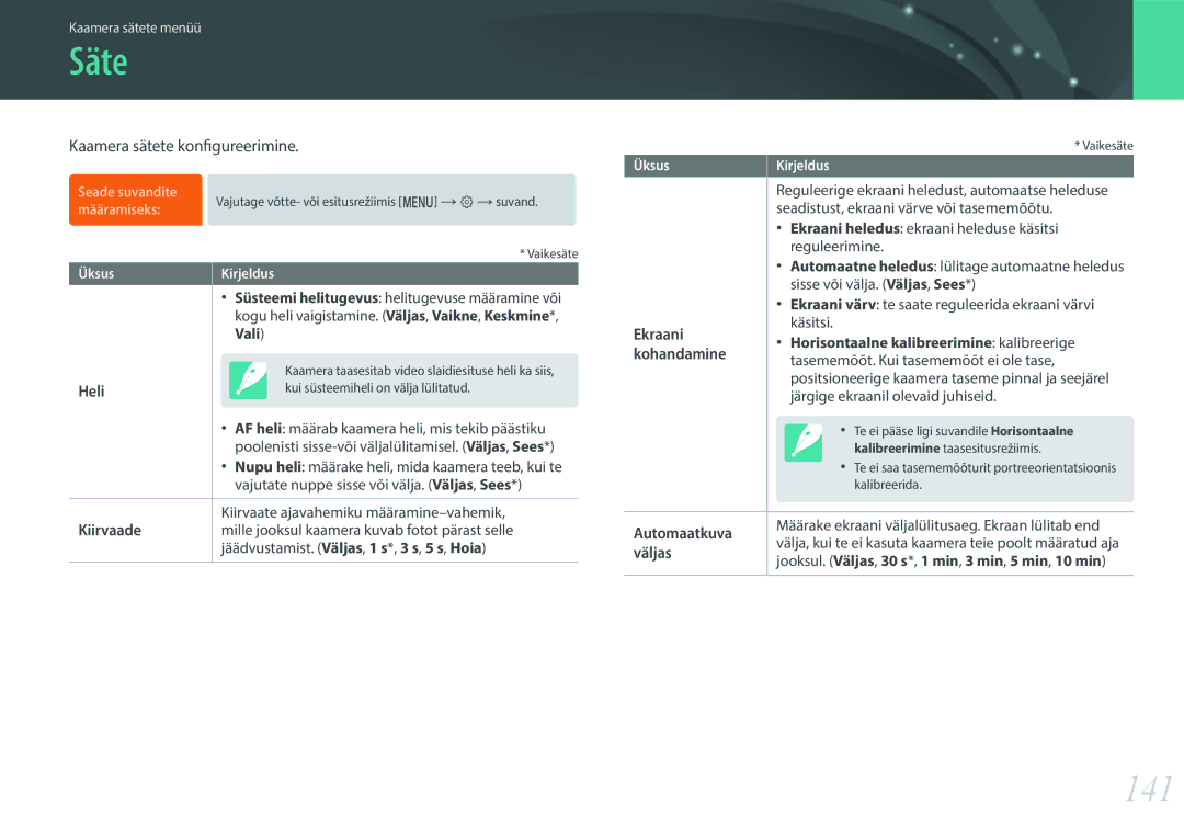 Samsung EV-NX3000BOHLV, EV-NX3000BOIDE, EV-NX3000BOILV manual Säte, 141, Kaamera sätete konfigureerimine 