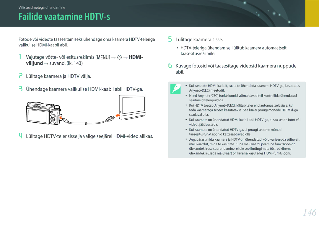 Samsung EV-NX3000BOIDE, EV-NX3000BOHLV, EV-NX3000BOILV manual Failide vaatamine HDTV-s, 146, Lülitage kaamera sisse 