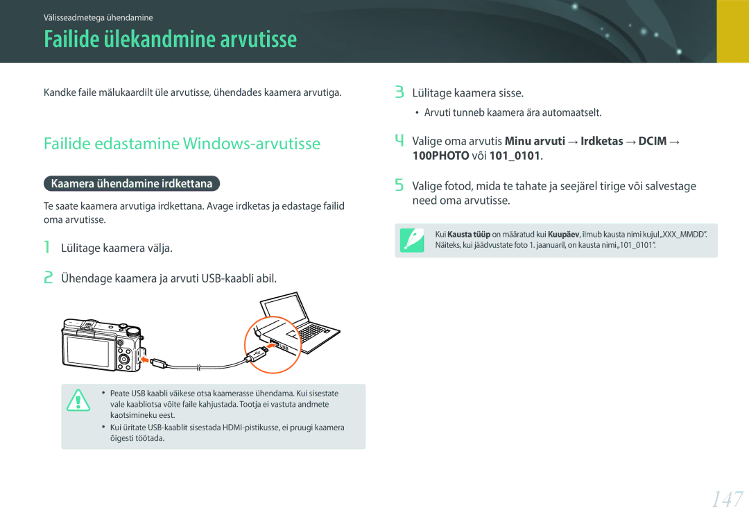 Samsung EV-NX3000BOHLV, EV-NX3000BOIDE manual 147, Failide edastamine Windows-arvutisse, Kaamera ühendamine irdkettana 