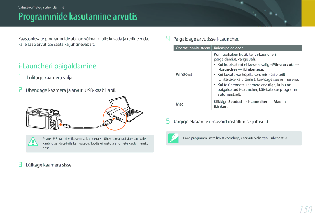 Samsung EV-NX3000BOHLV, EV-NX3000BOIDE 150, Launcheri paigaldamine, Lülitage kaamera sisse Paigaldage arvutisse i-Launcher 