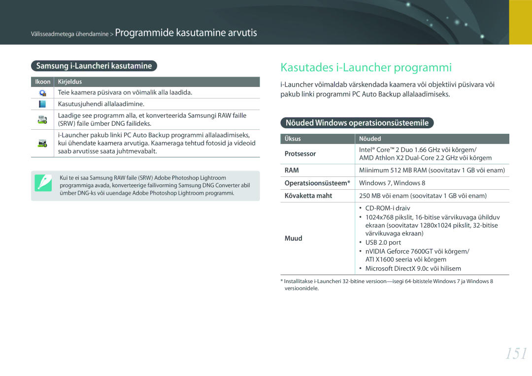 Samsung EV-NX3000BOILV, EV-NX3000BOIDE manual 151, Samsung i-Launcheri kasutamine, Nõuded Windows operatsioonsüsteemile 
