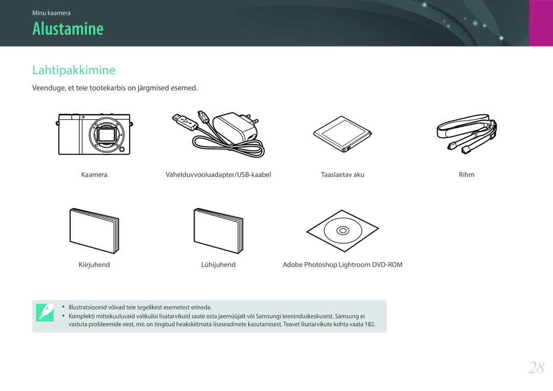 Samsung EV-NX3000BOILV, EV-NX3000BOIDE manual Alustamine, Lahtipakkimine, Veenduge, et teie tootekarbis on järgmised esemed 