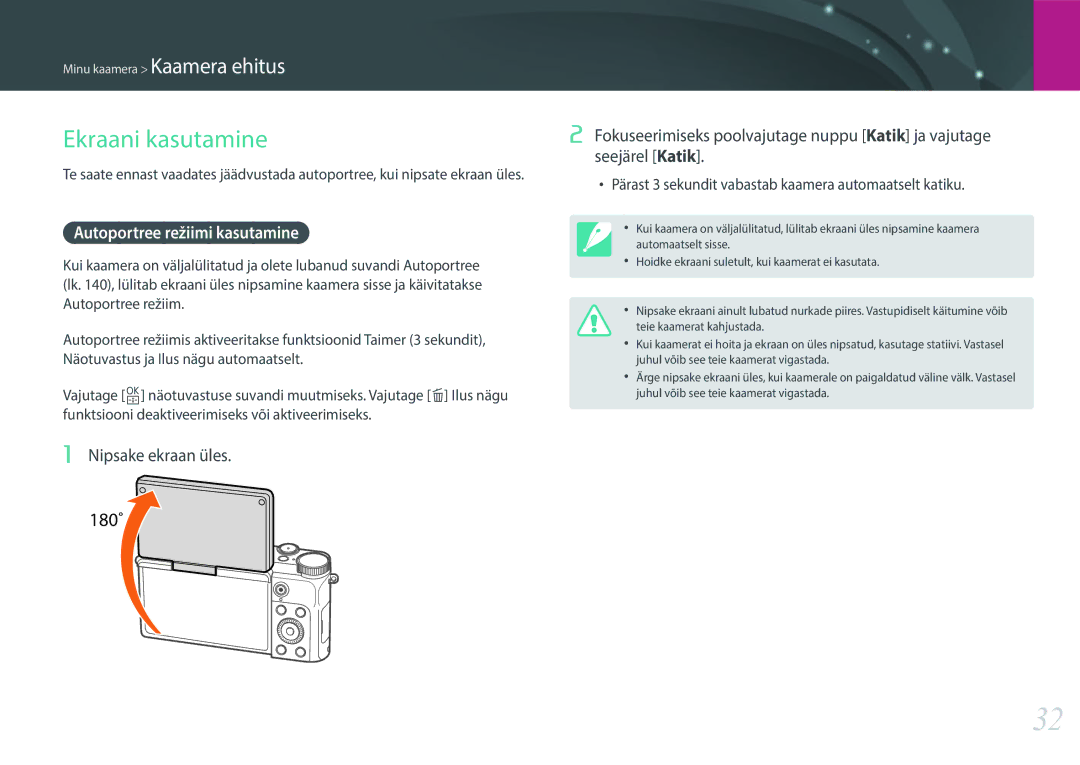 Samsung EV-NX3000BOIDE, EV-NX3000BOHLV manual Ekraani kasutamine, Autoportree režiimi kasutamine, Nipsake ekraan üles 