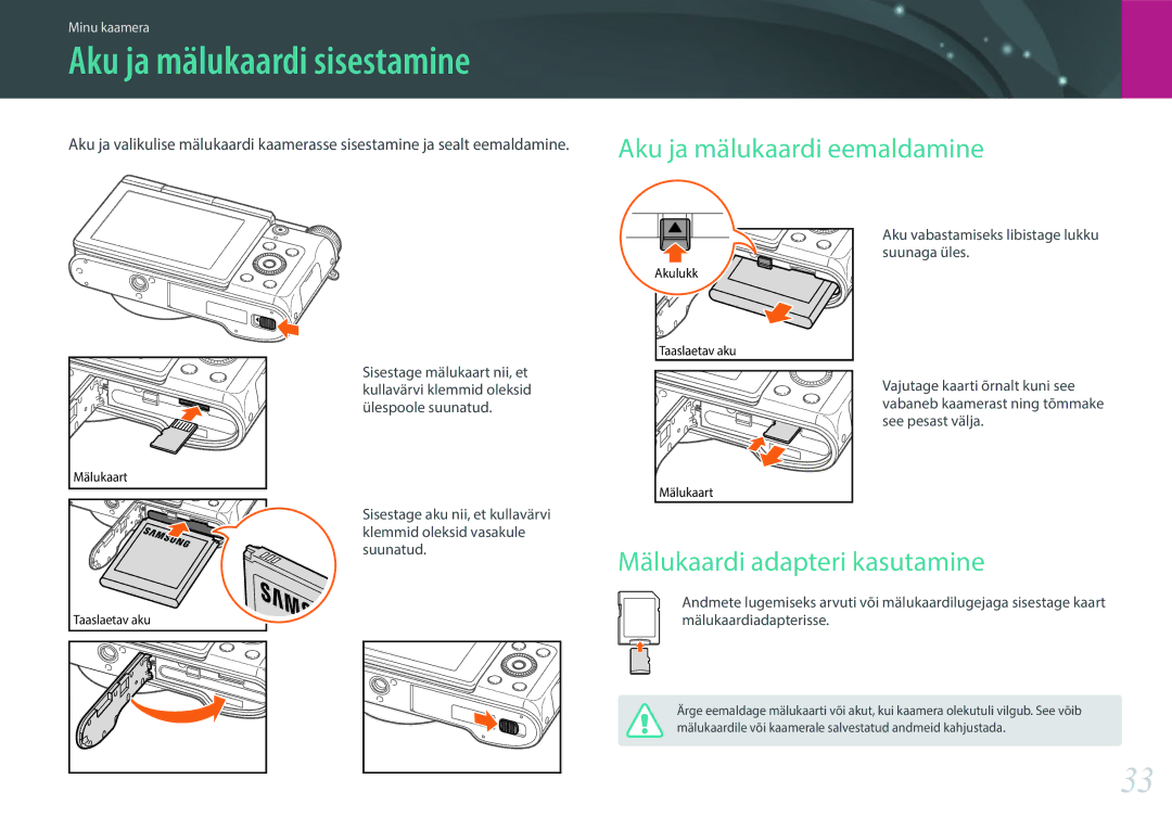 Samsung EV-NX3000BOHLV, EV-NX3000BOIDE, EV-NX3000BOILV manual Aku ja mälukaardi sisestamine, Mälukaardi adapteri kasutamine 