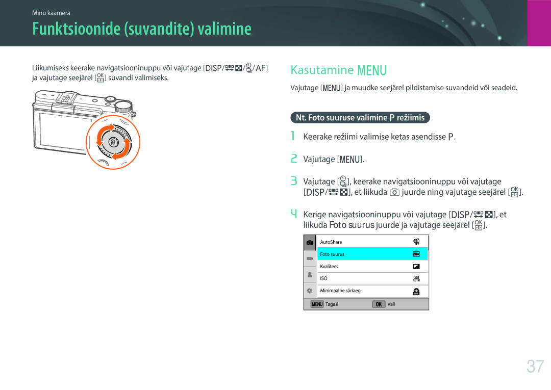 Samsung EV-NX3000BOILV manual Funktsioonide suvandite valimine, Kasutamine m, Nt. Foto suuruse valimine P režiimis 