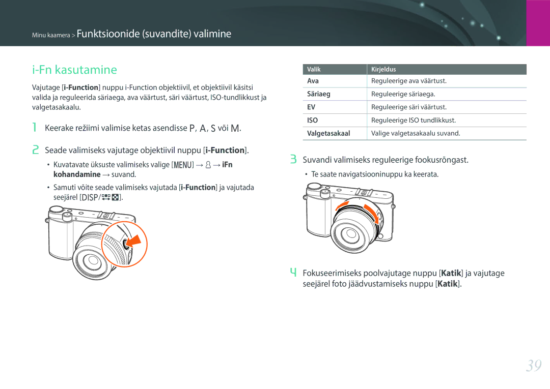 Samsung EV-NX3000BOHLV manual Fn kasutamine, Suvandi valimiseks reguleerige fookusrõngast, Reguleerige ISO tundlikkust 