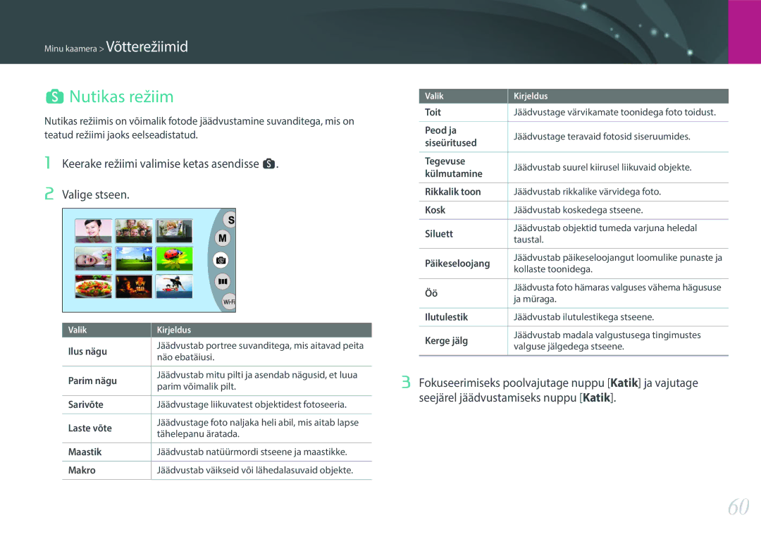 Samsung EV-NX3000BOHLV, EV-NX3000BOIDE manual Nutikas režiim, Keerake režiimi valimise ketas asendisse s Valige stseen 