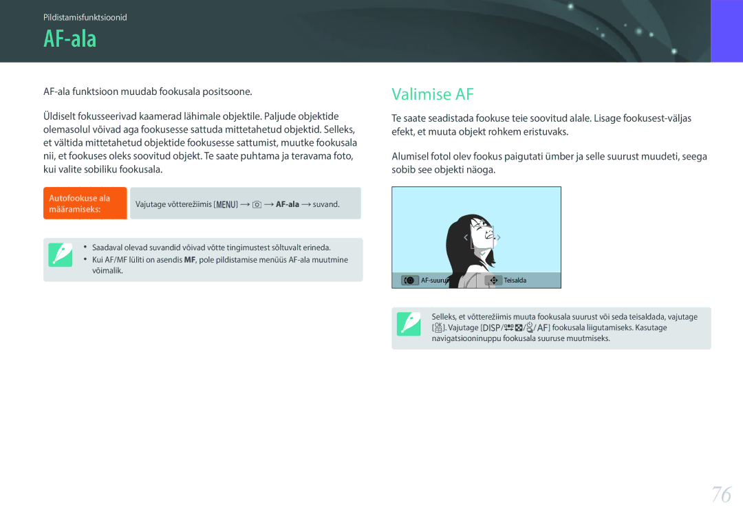 Samsung EV-NX3000BOILV, EV-NX3000BOIDE, EV-NX3000BOHLV manual AF-ala, Valimise AF 