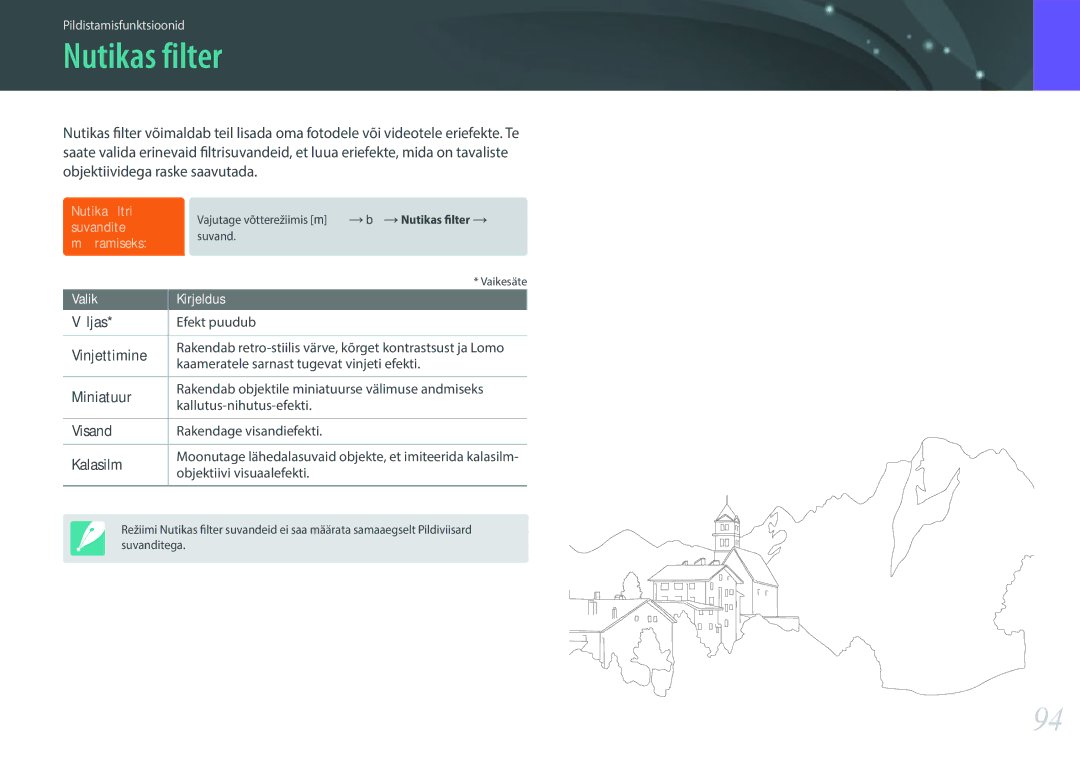 Samsung EV-NX3000BOILV, EV-NX3000BOIDE, EV-NX3000BOHLV manual Nutikas filter, Väljas, Vinjettimine, Miniatuur, Kalasilm 