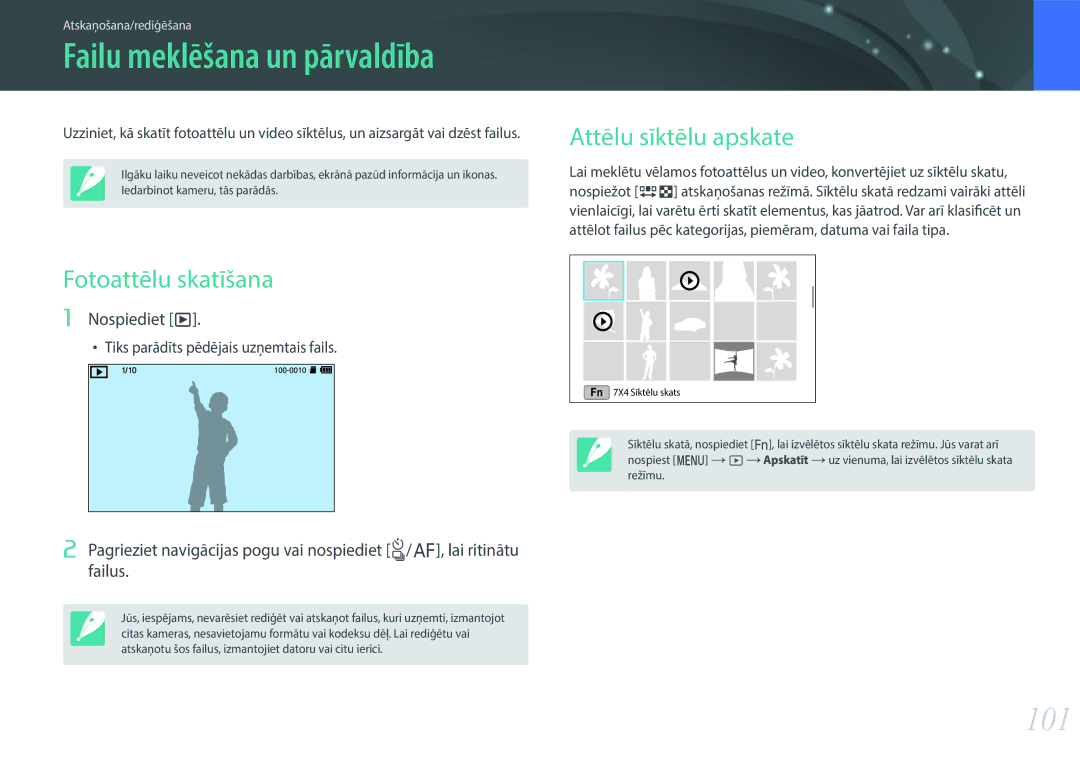 Samsung EV-NX3000BOIDE, EV-NX3000BOHLV, EV-NX3000BOILV manual 101, Attēlu sīktēlu apskate, Fotoattēlu skatīšana, Nospiediet y 