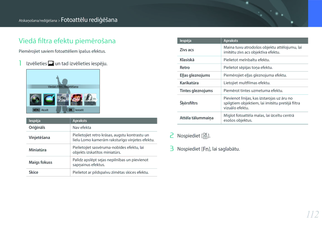 Samsung EV-NX3000BOILV, EV-NX3000BOIDE manual 112, Viedā filtra efektu piemērošana, Izvēlieties un tad izvēlieties iespēju 