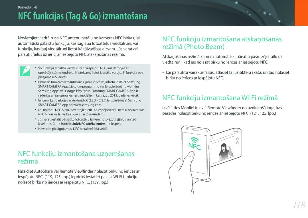 Samsung EV-NX3000BOILV manual 118, NFC funkciju izmantošana uzņemšanas režīmā, NFC funkciju izmantošana Wi-Fi režīmā 