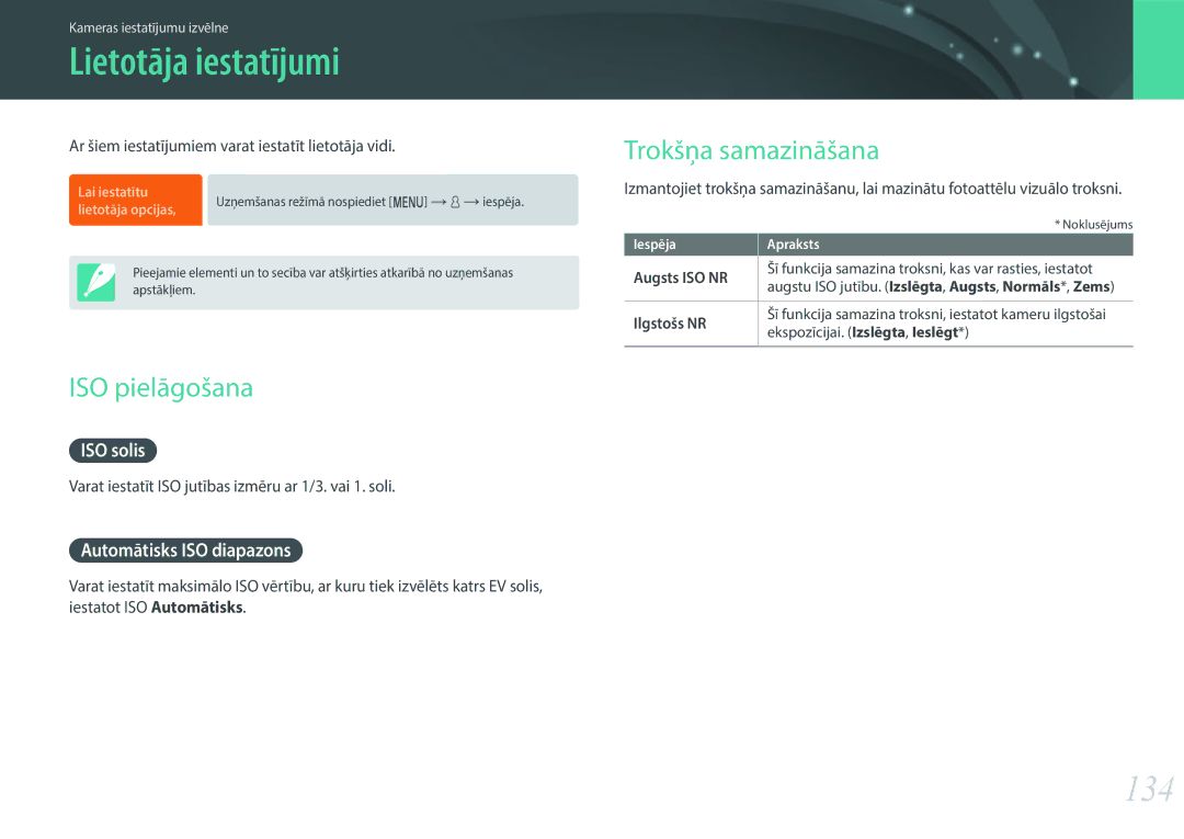 Samsung EV-NX3000BOIDE, EV-NX3000BOHLV, EV-NX3000BOILV Lietotāja iestatījumi, 134, ISO pielāgošana, Trokšņa samazināšana 