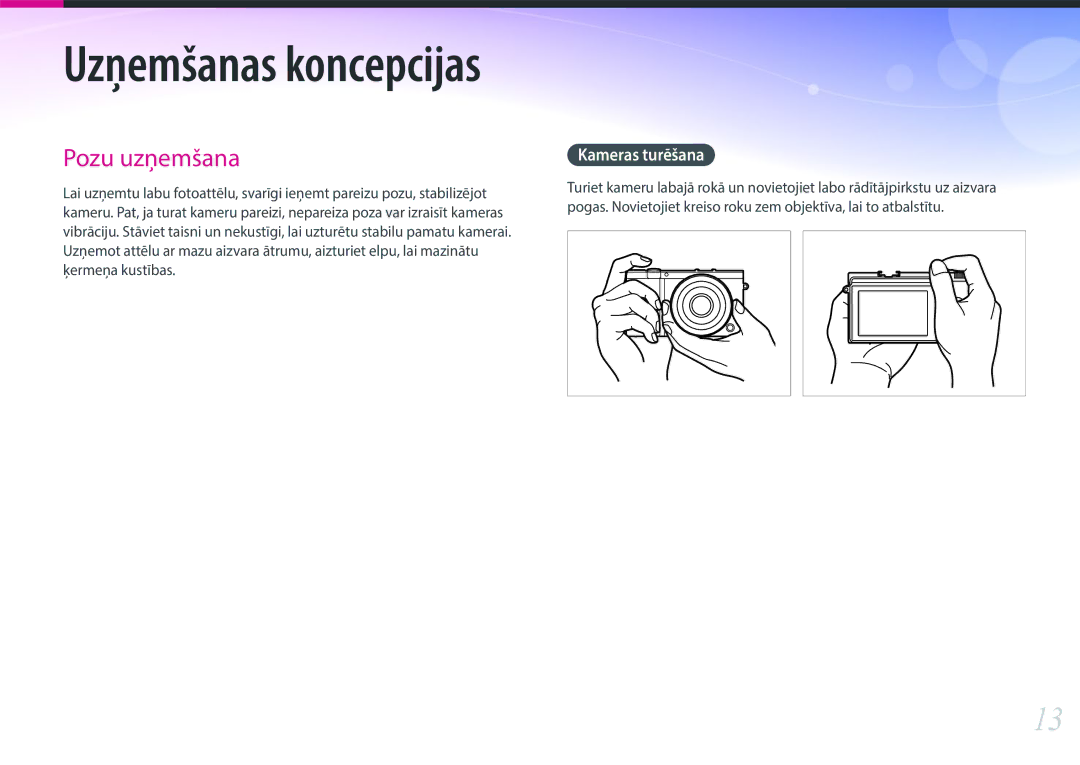 Samsung EV-NX3000BOILV, EV-NX3000BOIDE, EV-NX3000BOHLV manual Uzņemšanas koncepcijas, Kameras turēšana 