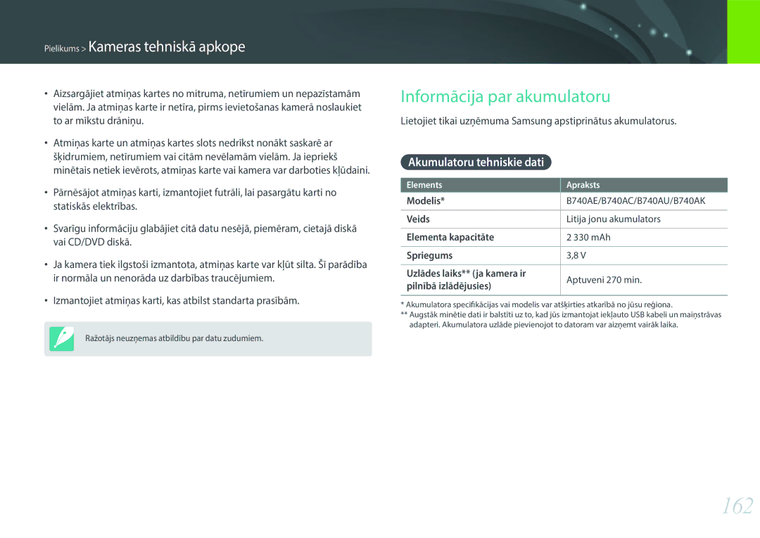 Samsung EV-NX3000BOHLV, EV-NX3000BOIDE, EV-NX3000BOILV manual 162, Informācija par akumulatoru, Akumulatoru tehniskie dati 