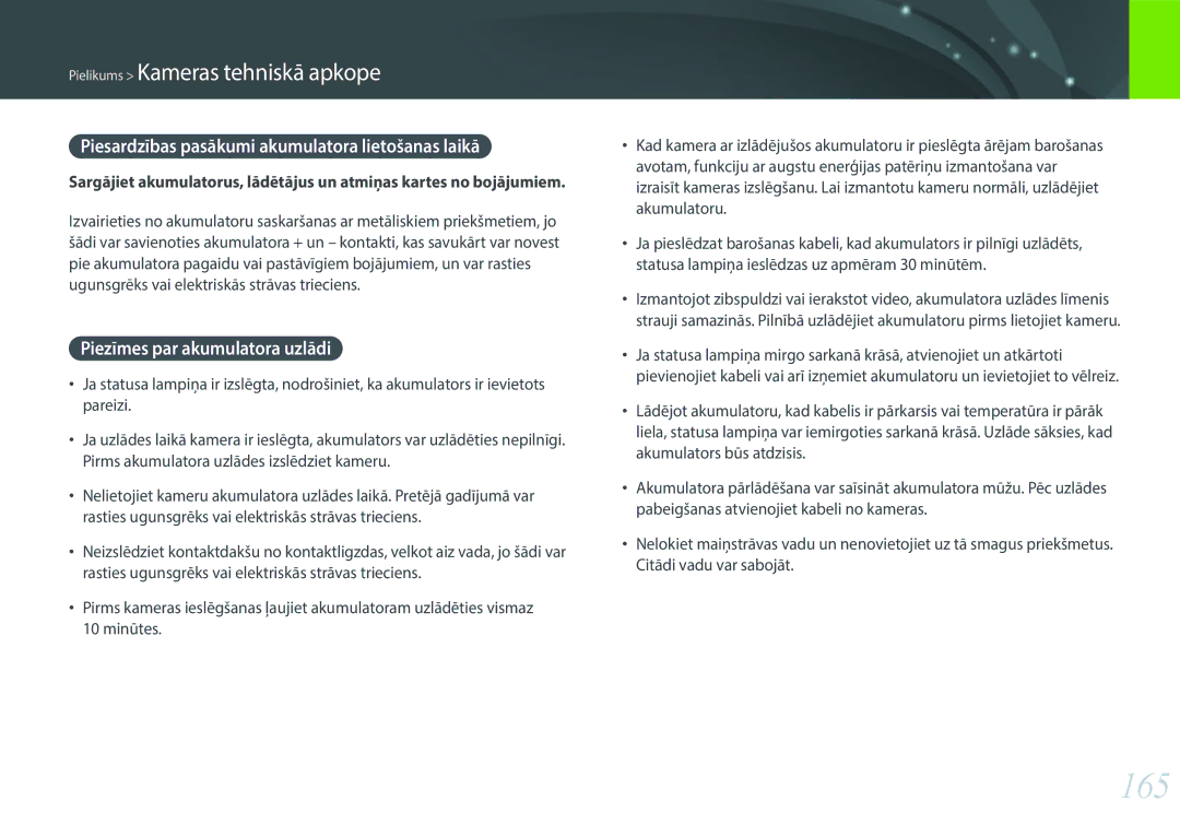 Samsung EV-NX3000BOHLV manual 165, Piesardzības pasākumi akumulatora lietošanas laikā, Piezīmes par akumulatora uzlādi 