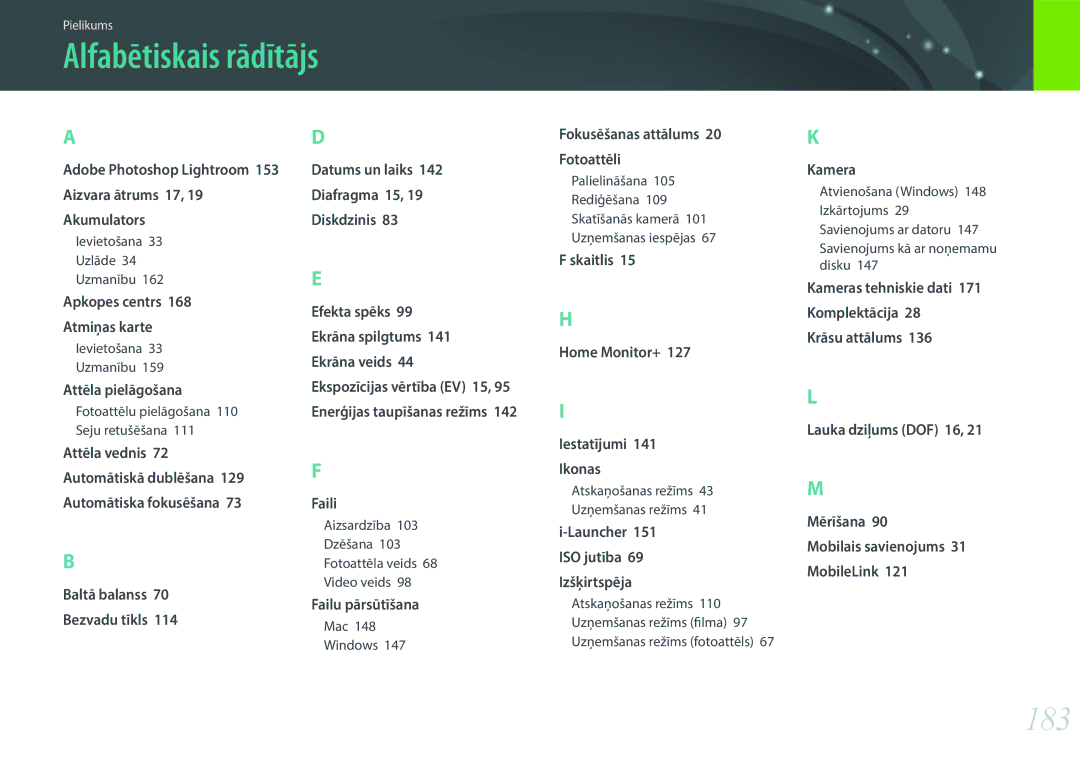 Samsung EV-NX3000BOHLV manual Alfabētiskais rādītājs, 183, Adobe Photoshop Lightroom, Mobilais savienojums 31 MobileLink 