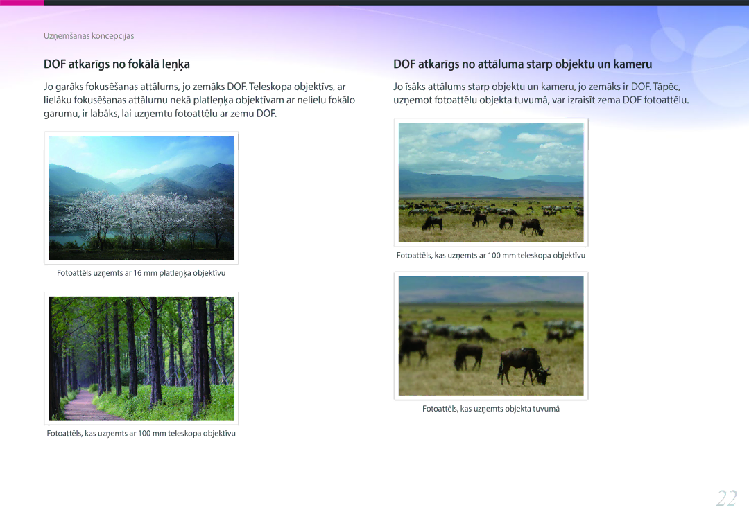 Samsung EV-NX3000BOILV, EV-NX3000BOIDE manual DOF atkarīgs no fokālā leņķa, DOF atkarīgs no attāluma starp objektu un kameru 