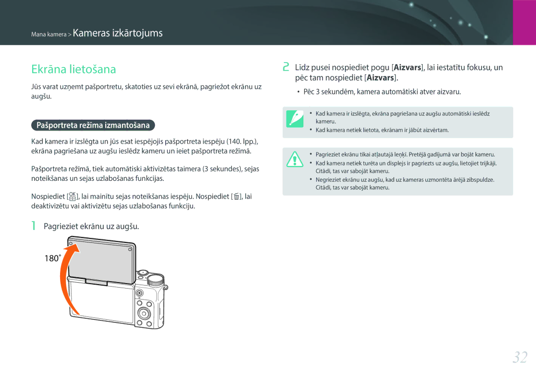 Samsung EV-NX3000BOIDE, EV-NX3000BOHLV manual Ekrāna lietošana, Pašportreta režīma izmantošana, Pagrieziet ekrānu uz augšu 