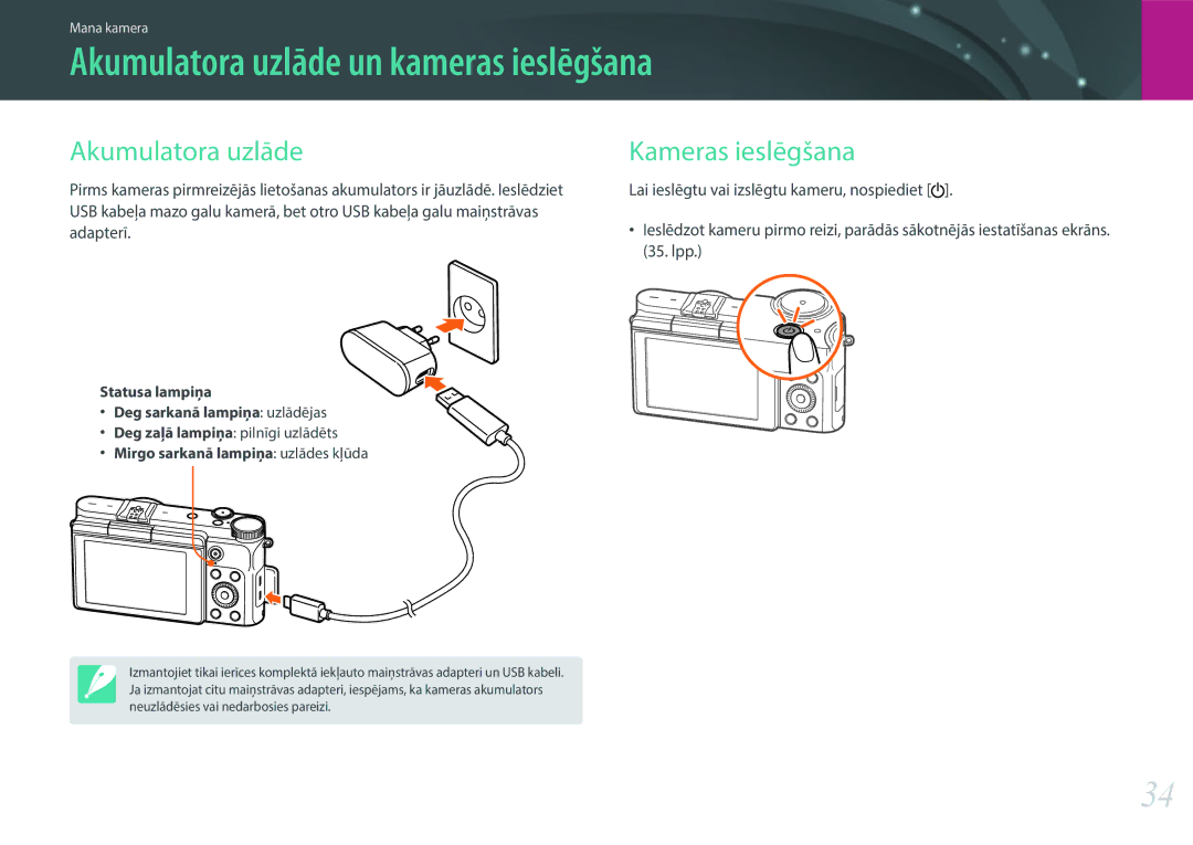 Samsung EV-NX3000BOILV Akumulatora uzlāde un kameras ieslēgšana, Kameras ieslēgšana, Mirgo sarkanā lampiņa uzlādes kļūda 