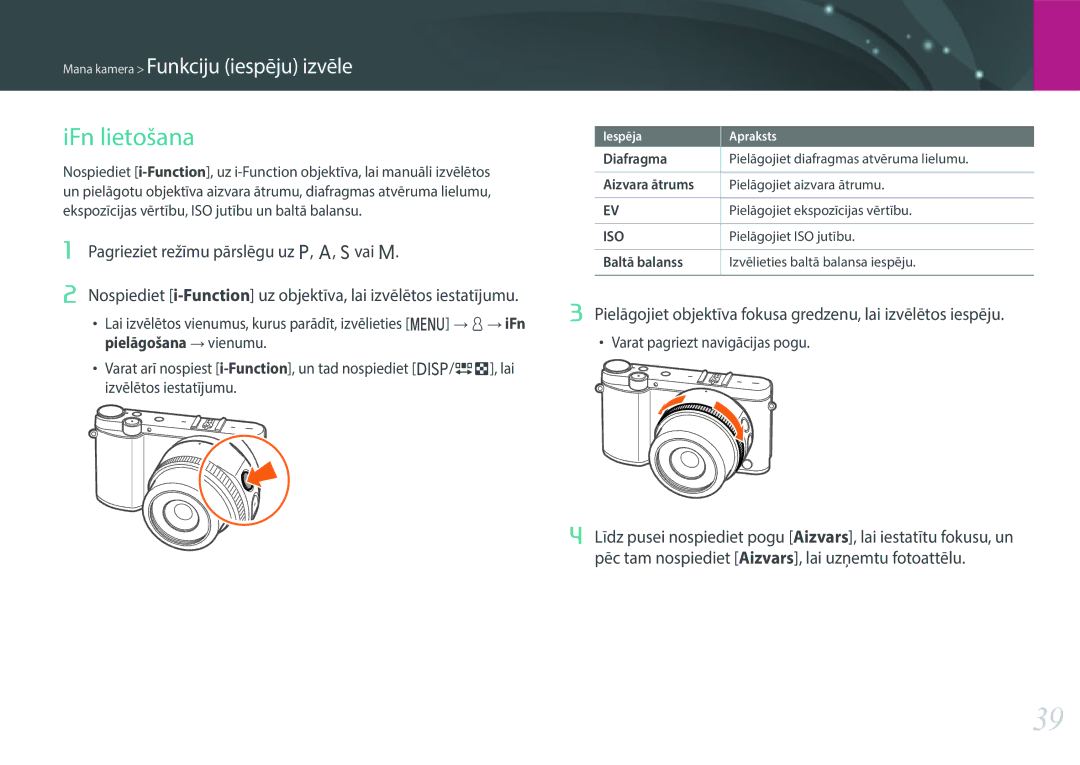 Samsung EV-NX3000BOHLV manual IFn lietošana, Pielāgojiet ISO jutību, Baltā balanss Izvēlieties baltā balansa iespēju 