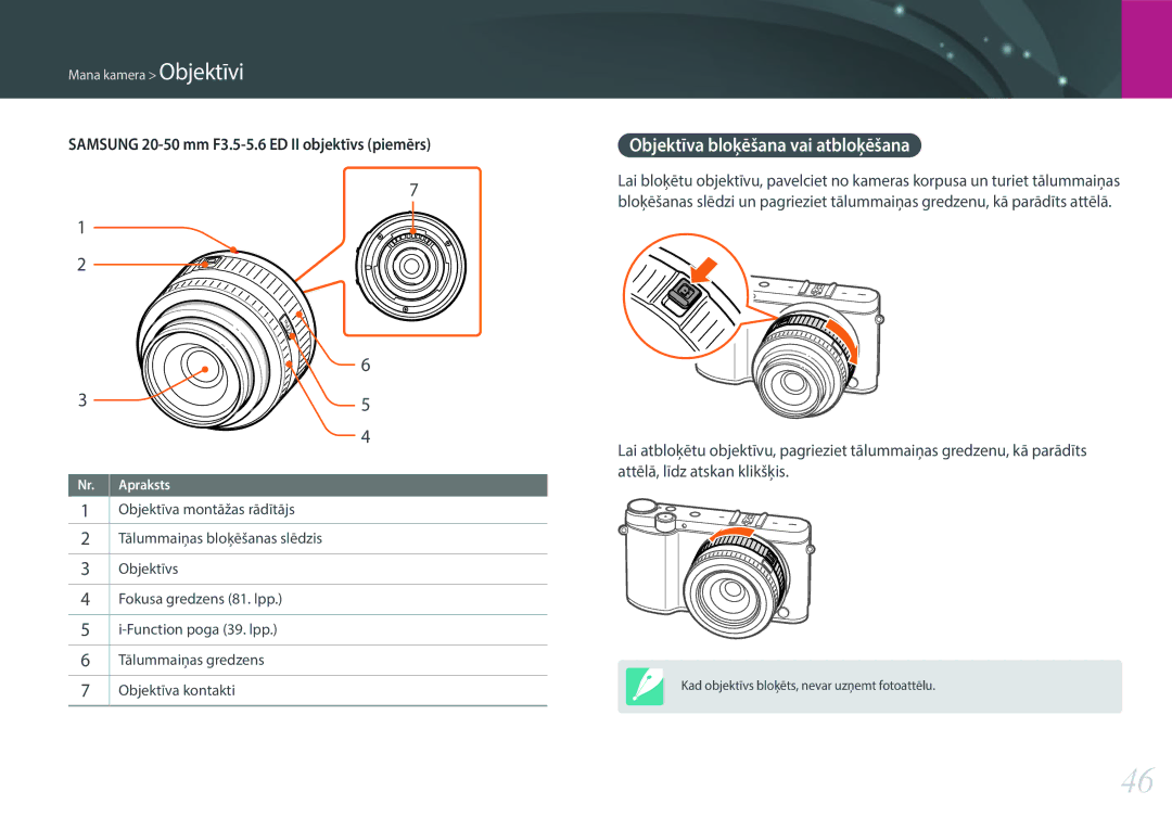 Samsung EV-NX3000BOILV manual Objektīva bloķēšana vai atbloķēšana, Samsung 20-50 mm F3.5-5.6 ED II objektīvs piemērs 