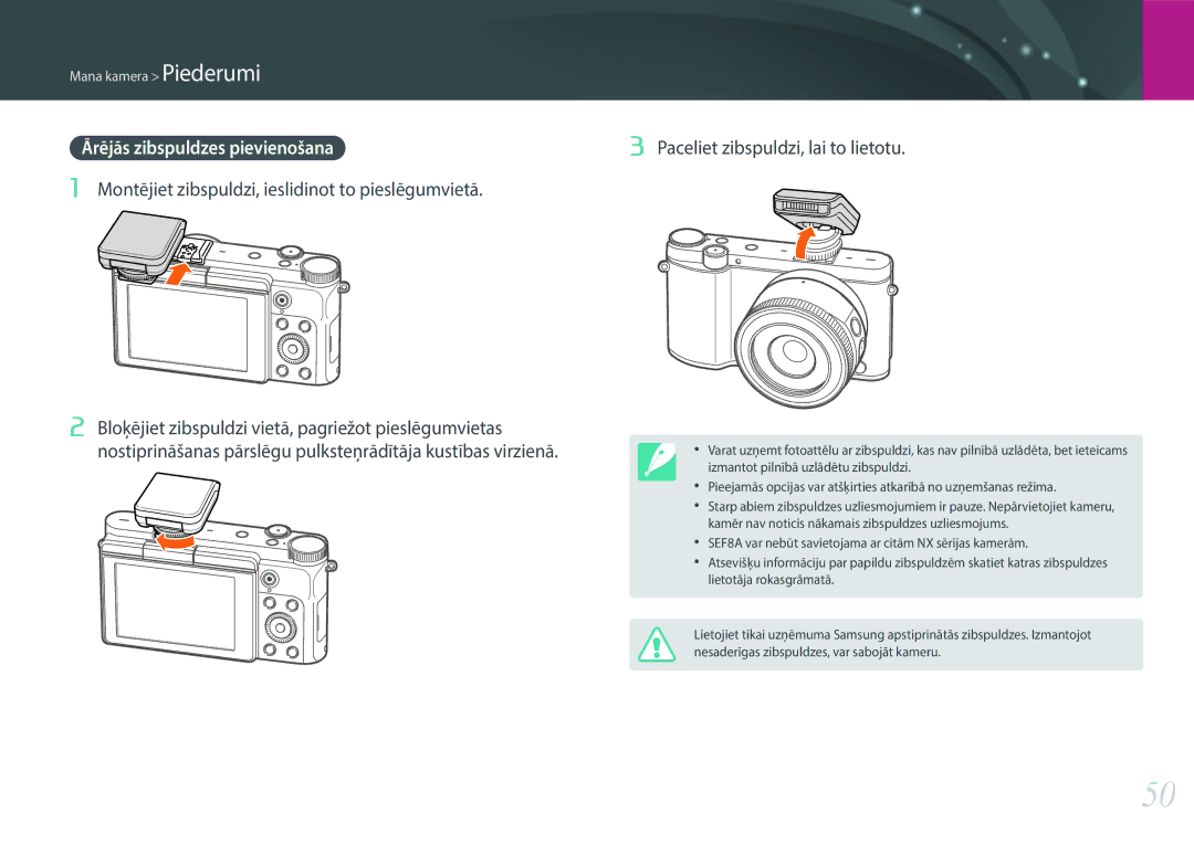 Samsung EV-NX3000BOIDE, EV-NX3000BOHLV, EV-NX3000BOILV manual Montējiet zibspuldzi, ieslidinot to pieslēgumvietā 