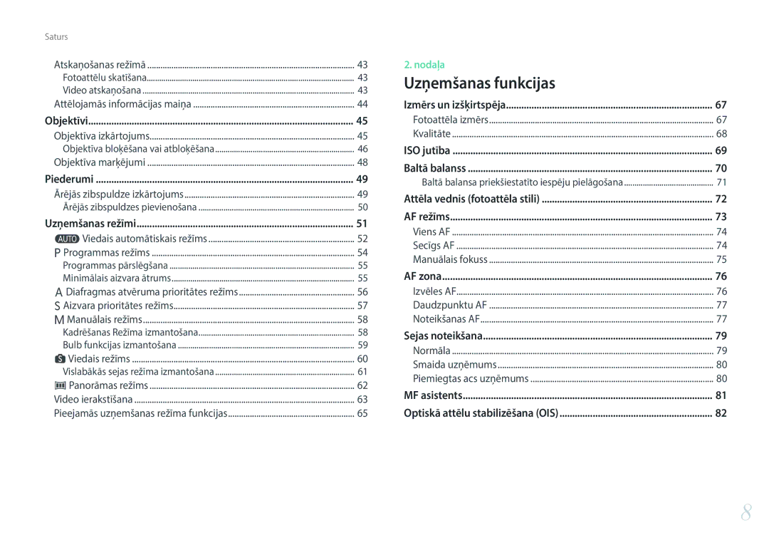 Samsung EV-NX3000BOIDE, EV-NX3000BOHLV, EV-NX3000BOILV manual Uzņemšanas funkcijas 