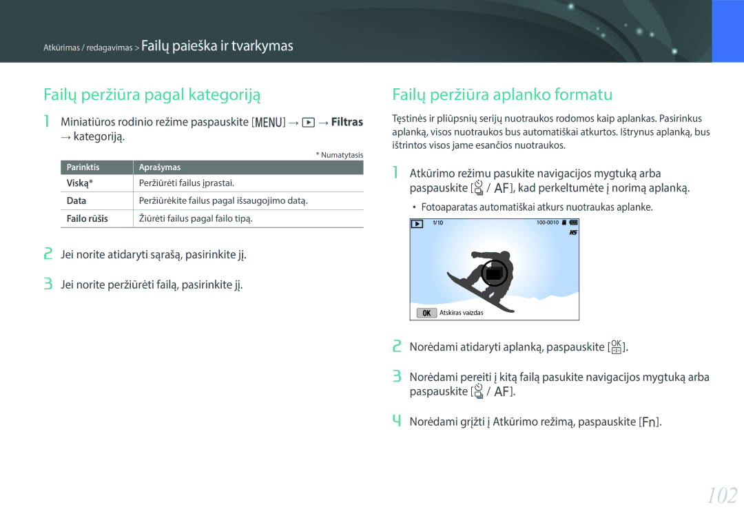 Samsung EV-NX3000BOHLV, EV-NX3000BOIDE, EV-NX3000BOILV 102, Failų peržiūra pagal kategoriją, Failų peržiūra aplanko formatu 