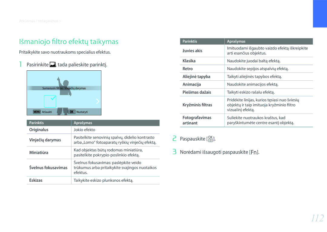 Samsung EV-NX3000BOILV, EV-NX3000BOIDE manual 112, Išmaniojo filtro efektų taikymas, Pasirinkite , tada palieskite parinktį 