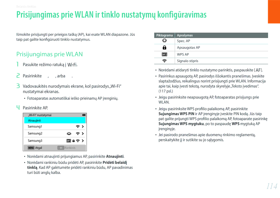 Samsung EV-NX3000BOHLV manual 114, Prisijungimas prie Wlan, Pasirinkite AP, Spec. AP Apsaugotas AP, Signalo stipris 