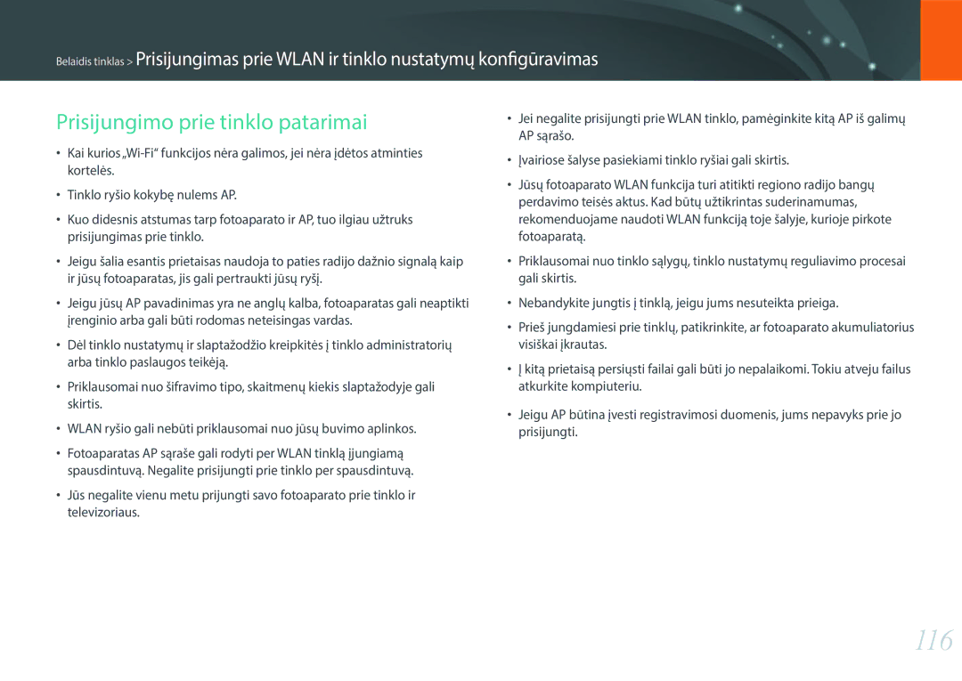 Samsung EV-NX3000BOIDE, EV-NX3000BOHLV, EV-NX3000BOILV manual 116, Prisijungimo prie tinklo patarimai 