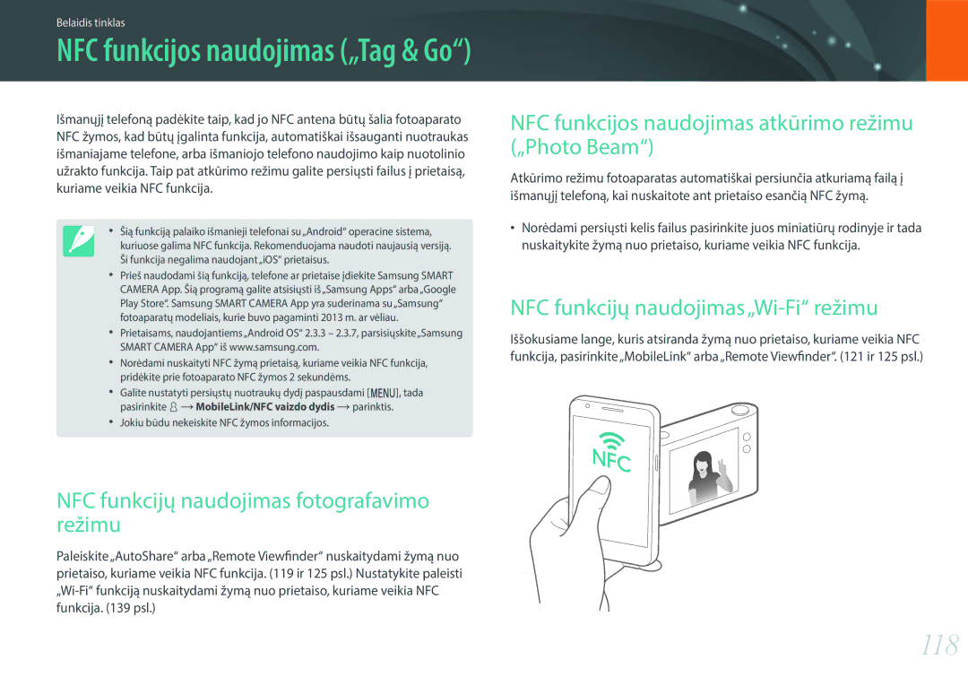 Samsung EV-NX3000BOILV manual 118, NFC funkcijų naudojimas fotografavimo režimu, NFC funkcijų naudojimas „Wi-Fi režimu 