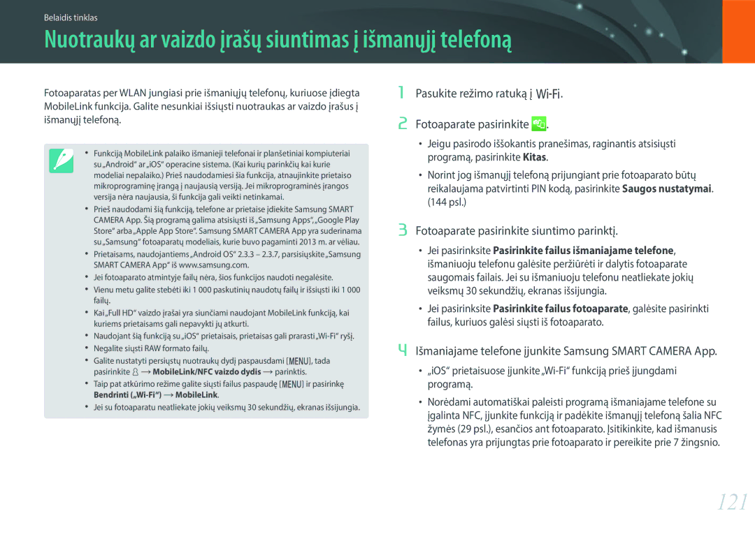 Samsung EV-NX3000BOILV, EV-NX3000BOIDE, EV-NX3000BOHLV manual Nuotraukų ar vaizdo įrašų siuntimas į išmanųjį telefoną, 121 