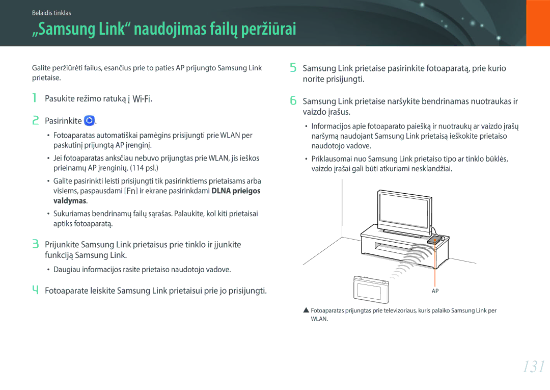 Samsung EV-NX3000BOIDE manual „Samsung Link naudojimas failų peržiūrai, 131, Pasukite režimo ratuką į B Pasirinkite 