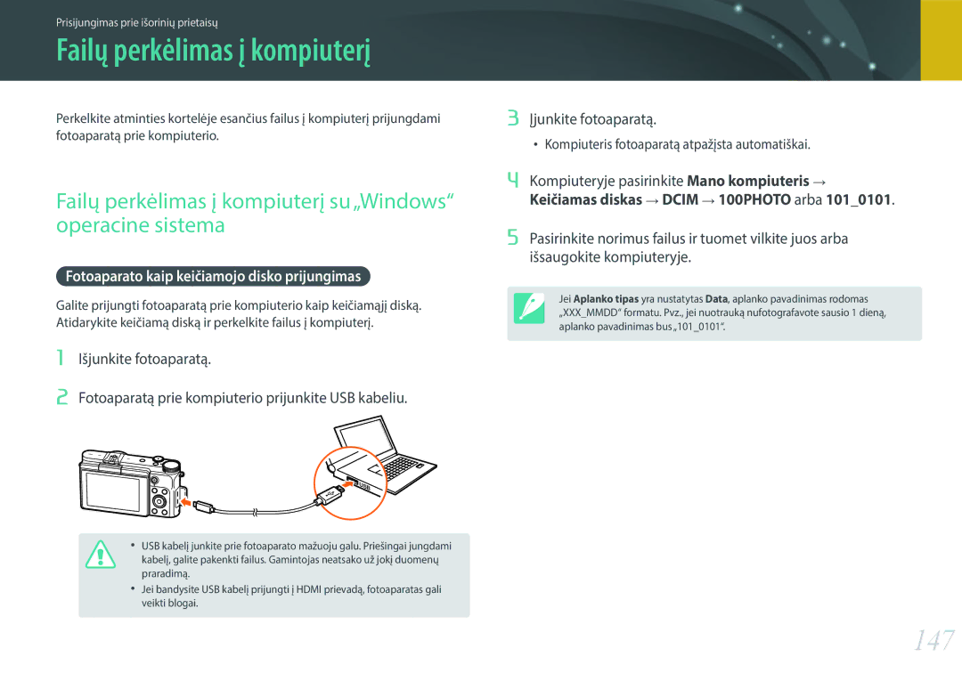 Samsung EV-NX3000BOHLV, EV-NX3000BOIDE, EV-NX3000BOILV 147, Failų perkėlimas į kompiuterį su „Windows operacine sistema 