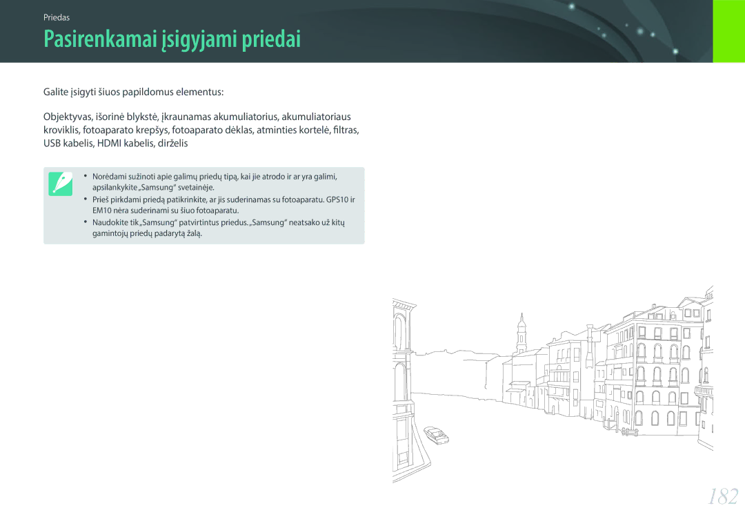 Samsung EV-NX3000BOIDE, EV-NX3000BOHLV, EV-NX3000BOILV manual Pasirenkamai įsigyjami priedai, 182 