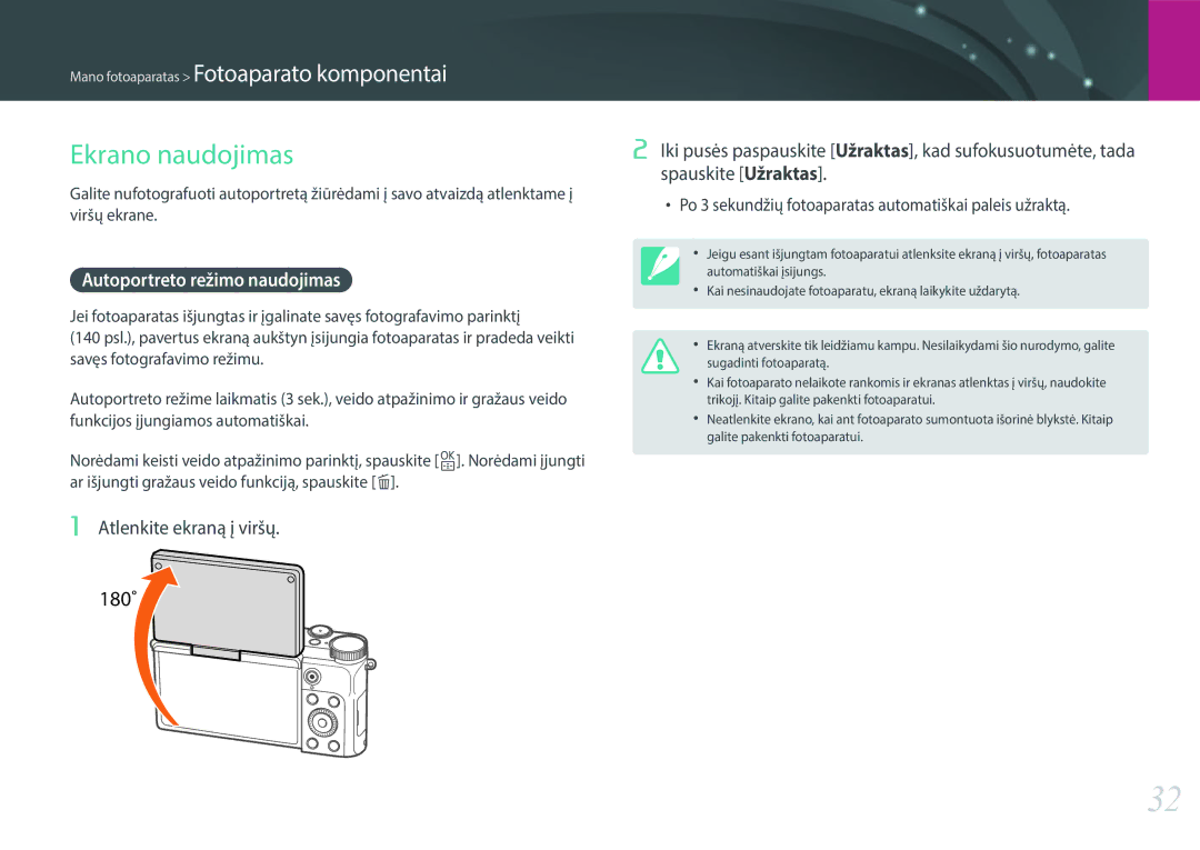 Samsung EV-NX3000BOIDE, EV-NX3000BOHLV manual Ekrano naudojimas, Autoportreto režimo naudojimas, Atlenkite ekraną į viršų 