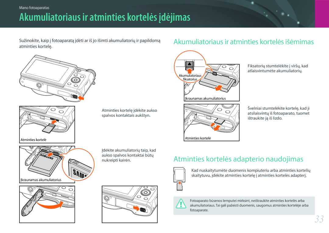 Samsung EV-NX3000BOHLV manual Akumuliatoriaus ir atminties kortelės įdėjimas, Atminties kortelės adapterio naudojimas 