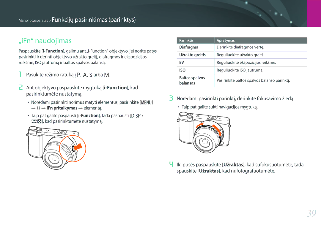 Samsung EV-NX3000BOHLV „iFn naudojimas, Norėdami pasirinkti parinktį, derinkite fokusavimo žiedą, Baltos spalvos, Balansas 