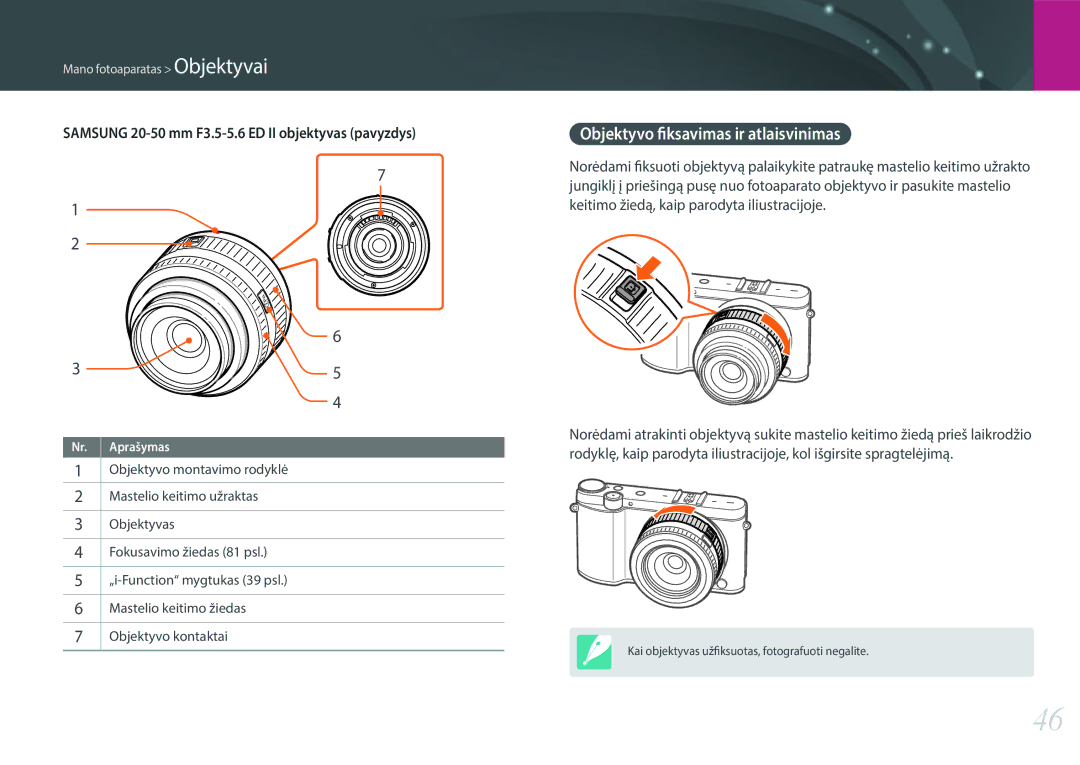 Samsung EV-NX3000BOILV manual Objektyvo fiksavimas ir atlaisvinimas, Samsung 20-50 mm F3.5-5.6 ED II objektyvas pavyzdys 