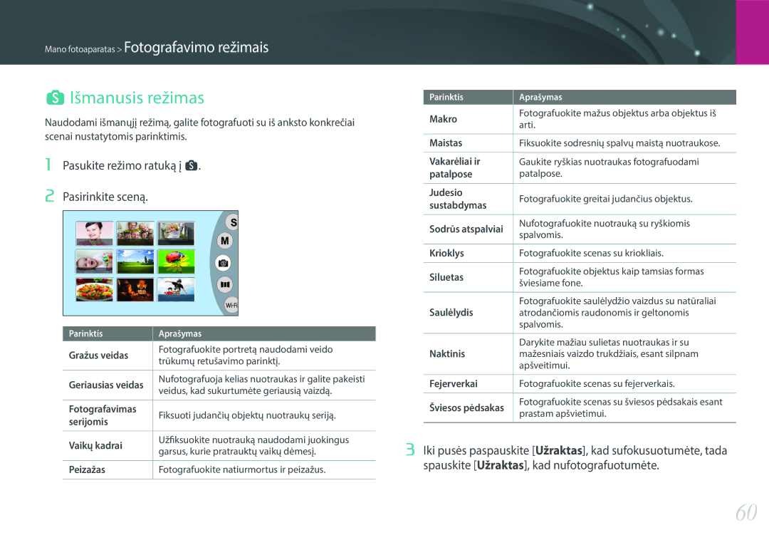 Samsung EV-NX3000BOHLV, EV-NX3000BOIDE, EV-NX3000BOILV manual Išmanusis režimas, Pasukite režimo ratuką į s Pasirinkite sceną 