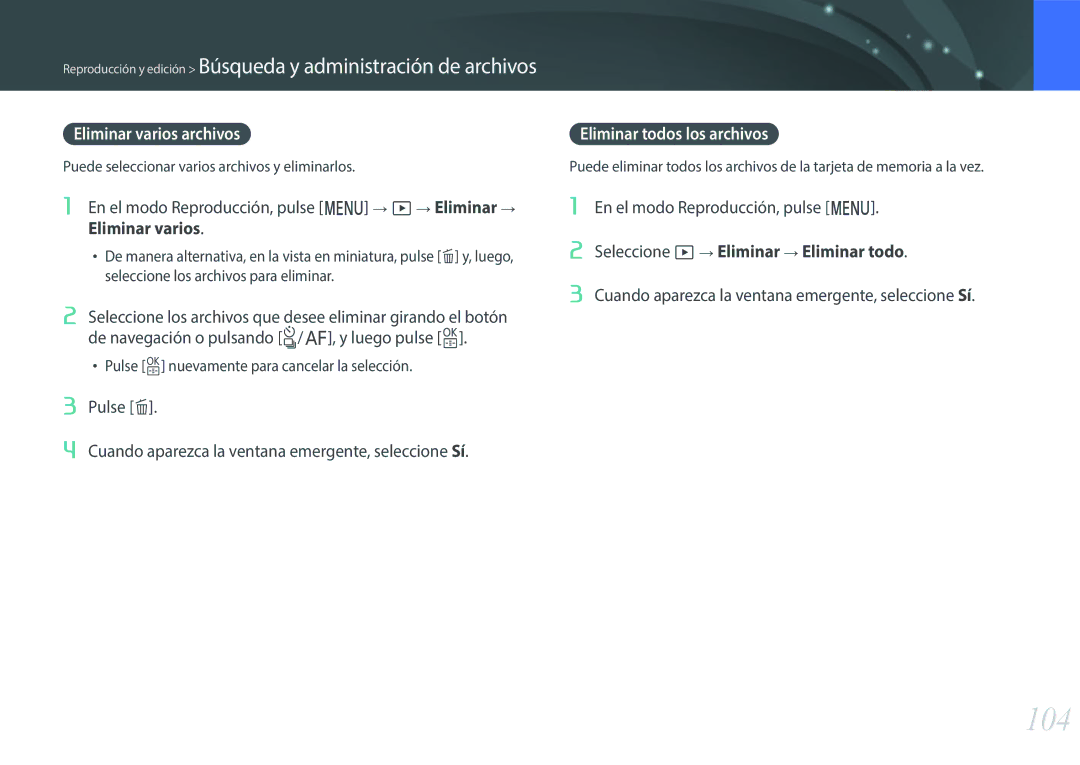 Samsung EV-NX3000BOIPT, EV-NX3000BOIFR, EV-NX3000BOHES manual 104, Eliminar varios archivos, Eliminar todos los archivos 