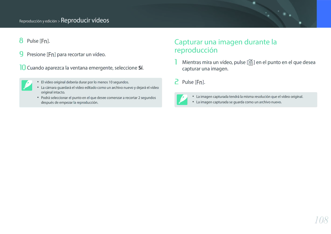 Samsung EV-NX3000BOIES, EV-NX3000BOIPT, EV-NX3000BOIFR, EV-NX3000BOHES manual 108, Capturar una imagen durante la reproducción 