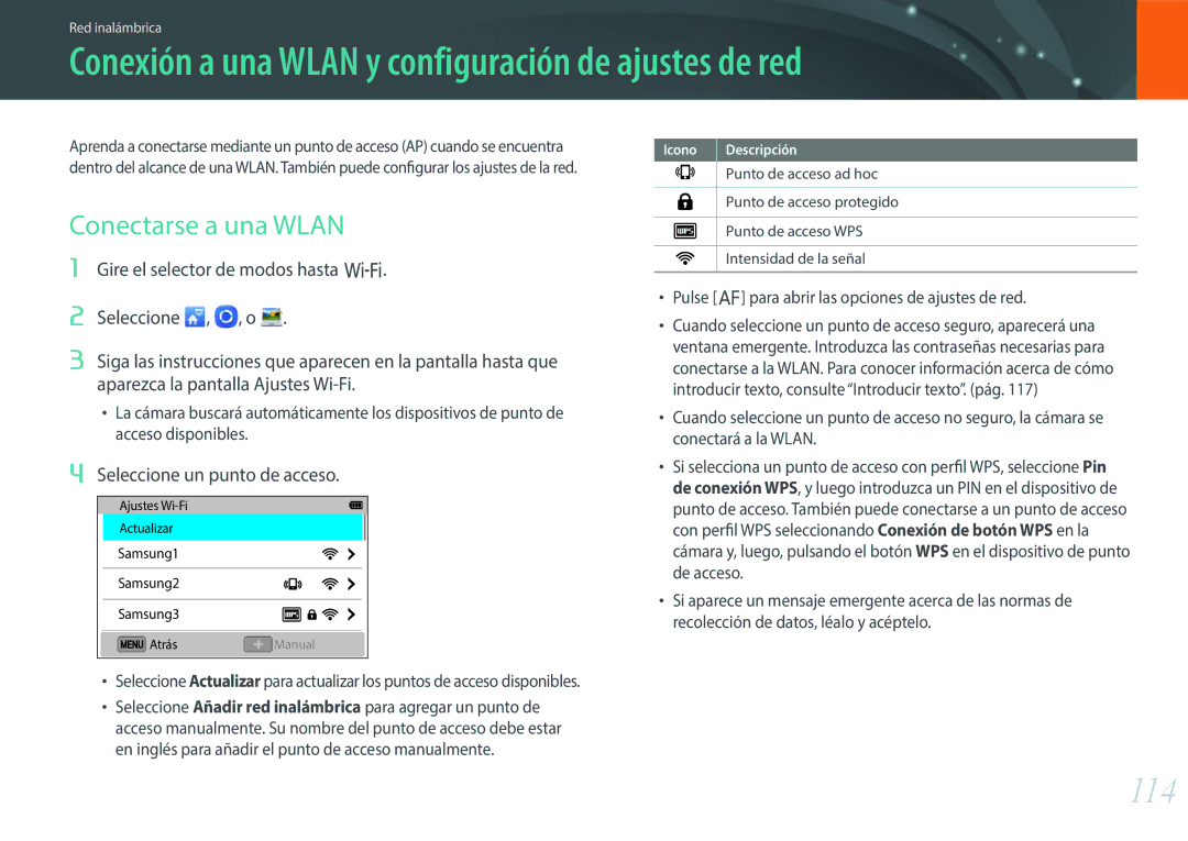 Samsung EV-NX3000BOIPT, EV-NX3000BOIFR Conexión a una Wlan y configuración de ajustes de red, 114, Conectarse a una Wlan 