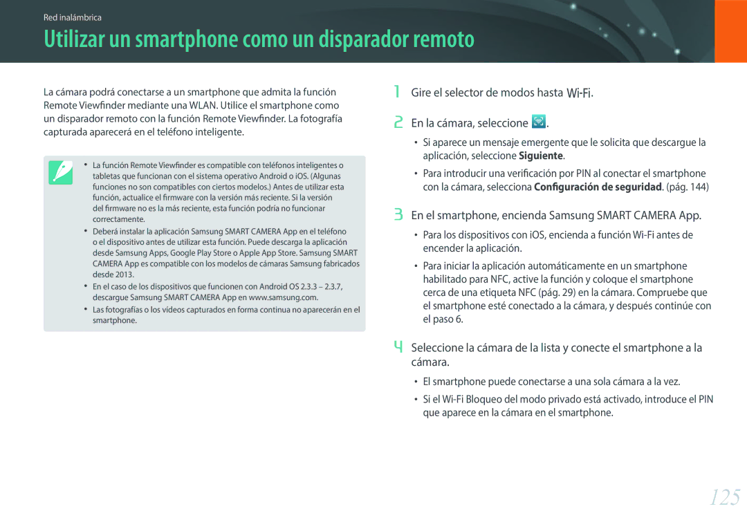 Samsung EV-NX3000BOIFR, EV-NX3000BOIPT, EV-NX3000BOHES, EV-NX3000BOHAT Utilizar un smartphone como un disparador remoto, 125 